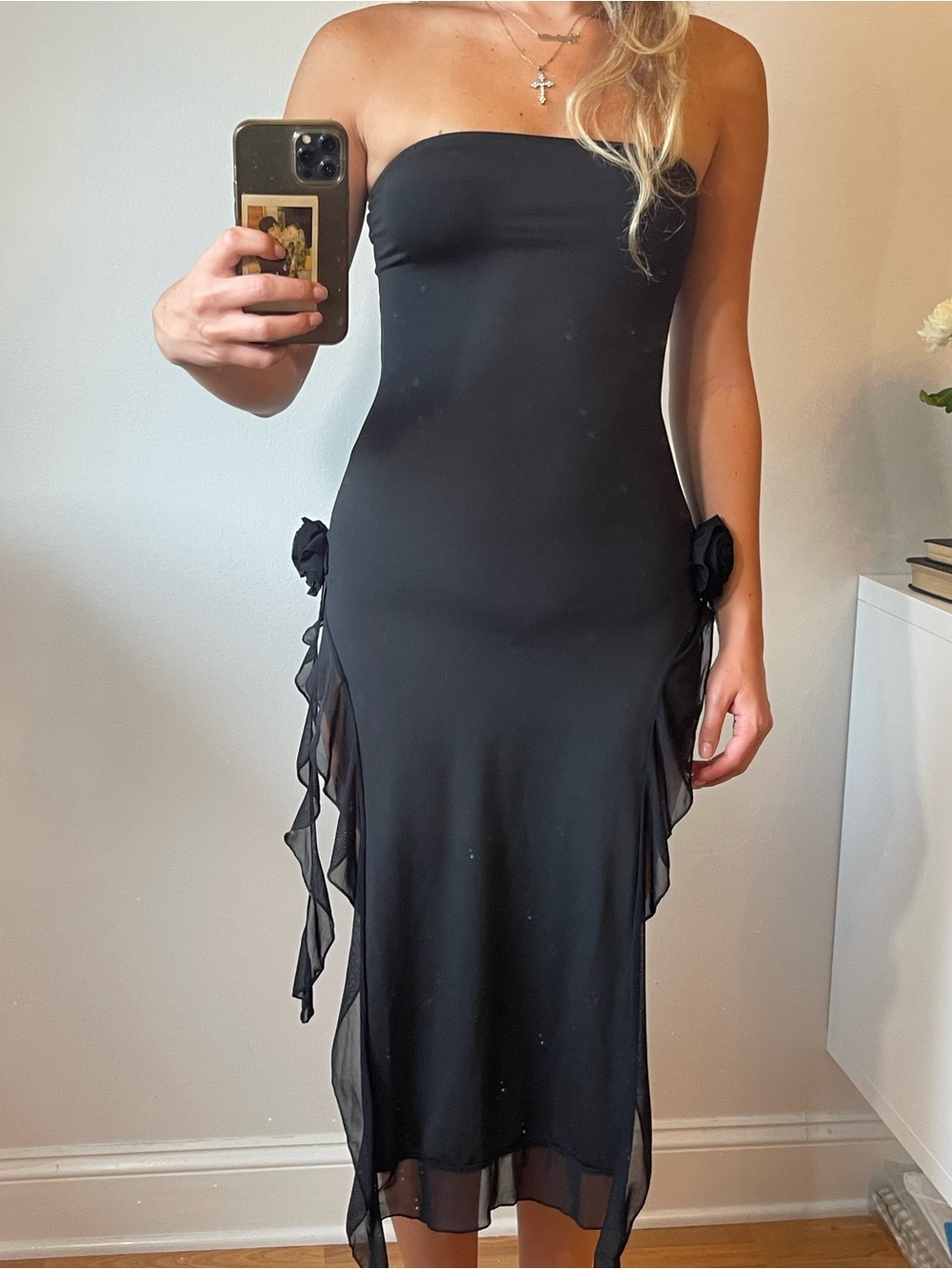 Strapless Black Midi Dress with Side Ruffle Details